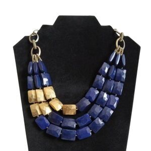 Stella & Dot Navy Blue and Gold Toned Beaded Bahari Layered Statement Necklace